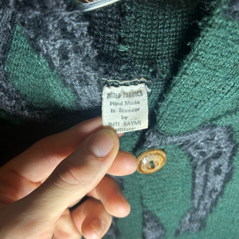 Vintage horses rider knit hooded button up cardigan / cloak - Picture 3 of 11